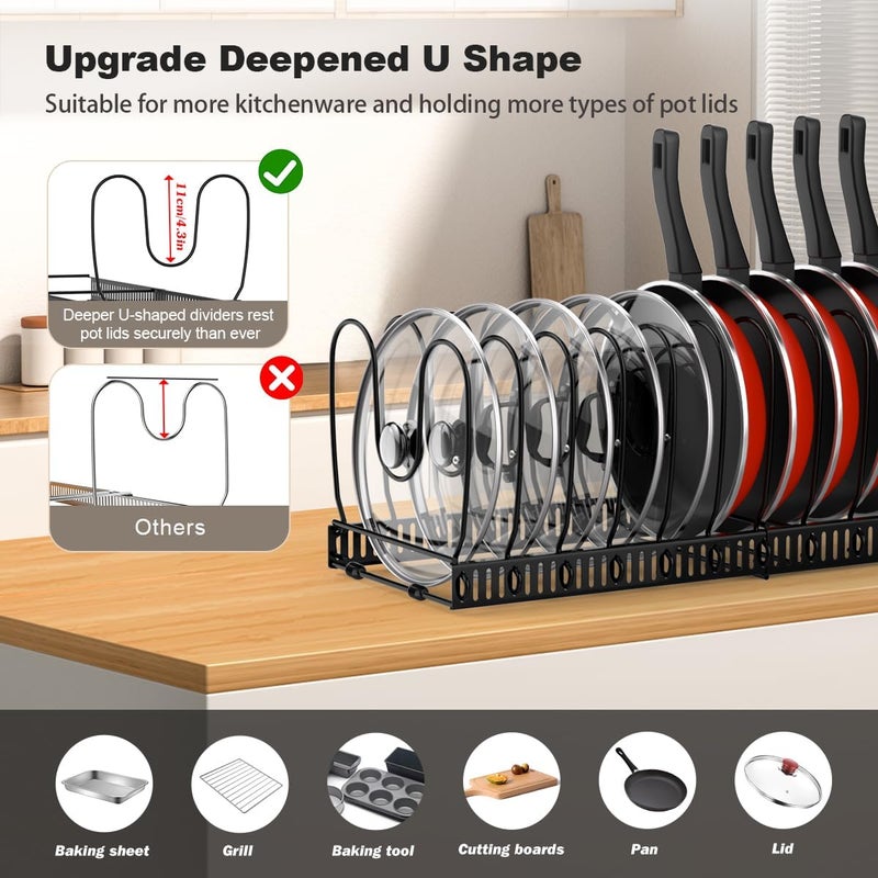Housolution 2 Pack Pot and Pan Organizer Rack, 12"-23" Expandable Pot Lid Organizer with 14 Adjustable Dividers, Pan Holder Storage Rack for Kitchen Cabinet, Black - Image 2